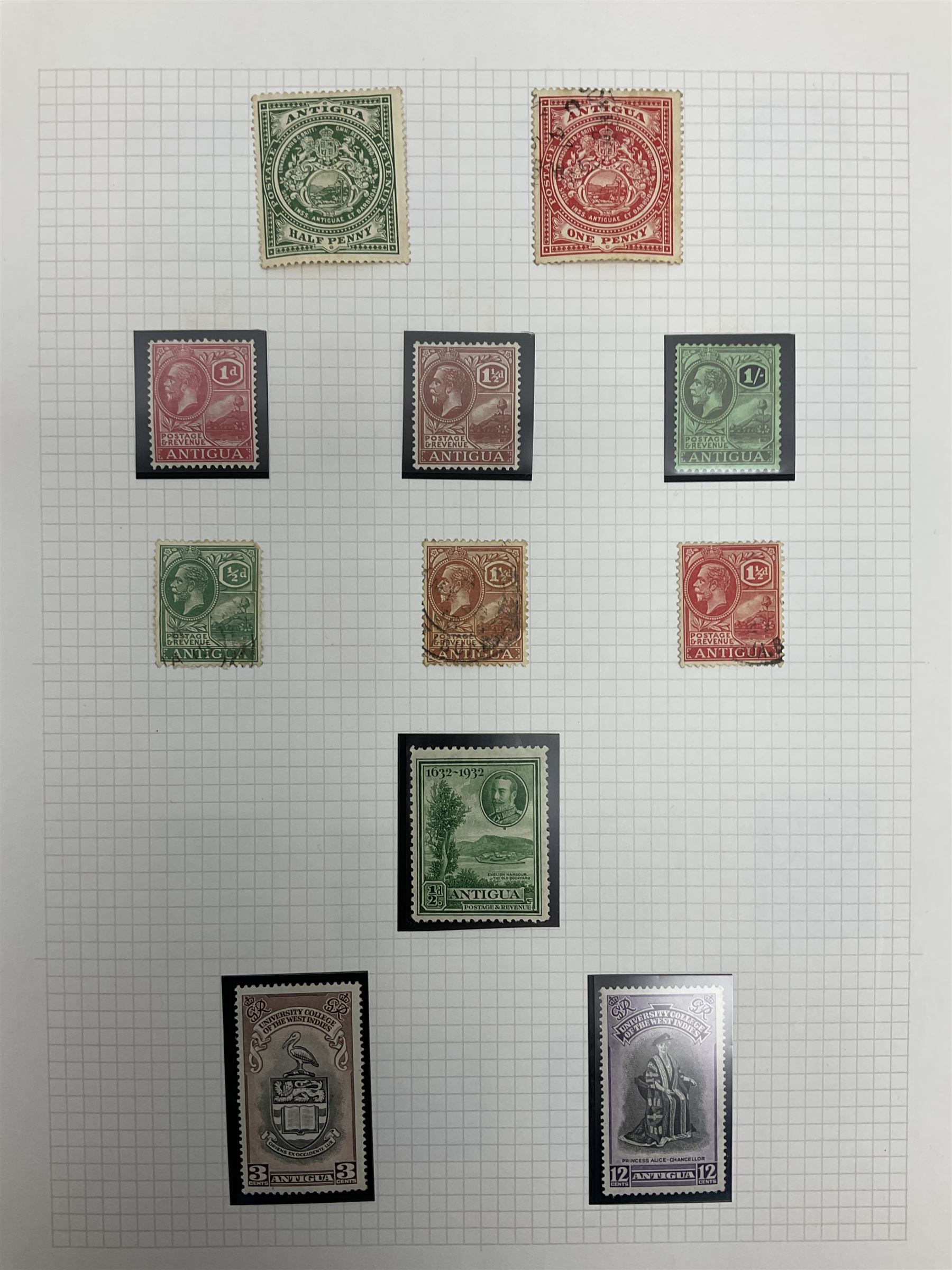 Antigua Queen Victoria and later stamps, including War stamp overprints etc and Bahamas Queen Victoria and later stamps, including Crown Colony, War Charity and other overprints etc, housed on pages