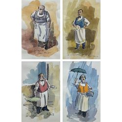 Hugh Cushing (British 20th century): 'Cafe at La Fleurie' 'Claude on Pub Duty' 'At L'Hermitage Orleans', 'Bernard at le Relais du Lac', set four pen and watercolours signed and titled 14cm x 9cm