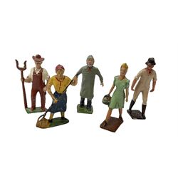 Forty-three lead farm figures by Timpo, Britains, J. Hill & Co etc including farmer, milk maids, farm workers, shepherds, Land Girls, scarecrow etc