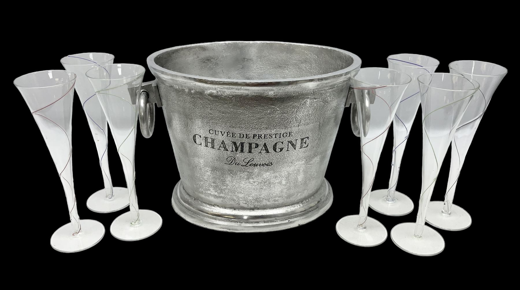 Aluminium champagne bucket detailed Cuvee de Prestige Champagne du Louvois, with twin ring handles, together with quantity of glasses, bucket L38cm