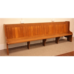  Mid century large oak pew, tongue and grove back, solid end supports, W321cm  