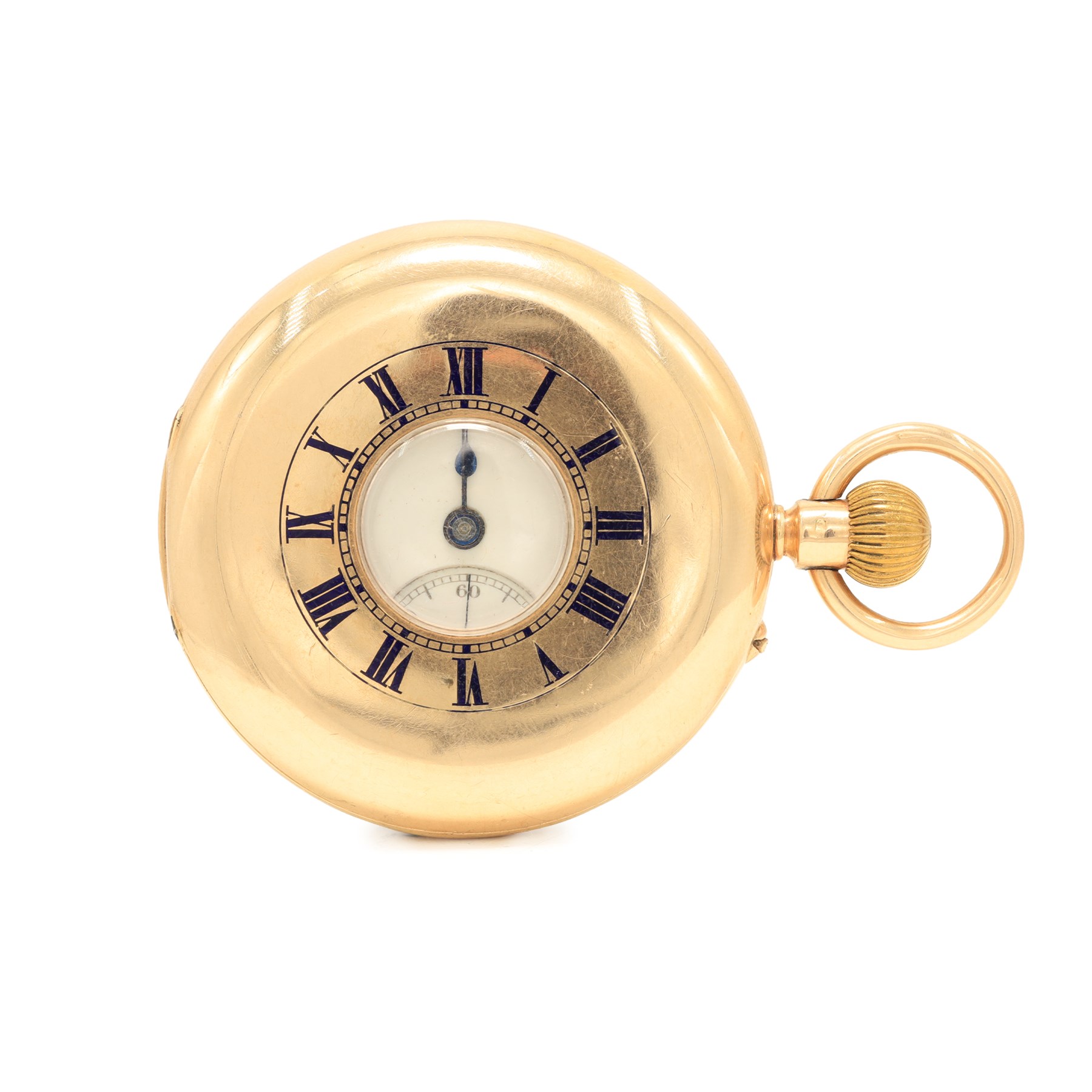 Victorian 9ct gold half hunter keyless lever presentation pocket watch by W. Margrett Hereford, No. 126629, white enamel dial with Roman numeral hour markers and subsidiary seconds dial, case by Rotherham & Sons, Birmingham 1897