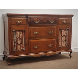  Edwardian walnut sideboard, with five drawers, two glazed cupboard doors, carved and shaped apron, on cabriole legs, W137cm, H92cm, D52cm  