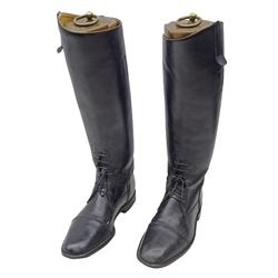  Pair of Regent black leather Riding Boots, size 12 with seven lace holes, last E4313, with three piece wooden shoe trees, and a black Bowler Hat 'The Roden' retailed by W. Gibson Malton in Army & Navy Stores box, (2)  