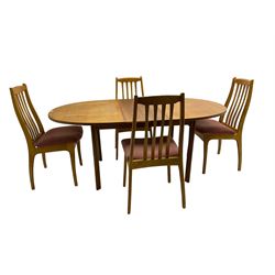 Portwood Furniture - mid-20th century teak extending dining table, oval top over four shaped tapering supports (W137cm D106cm H73cm); and set four dining chairs, slatted back over pink upholstered seat (W50cm D50cm H96cm)