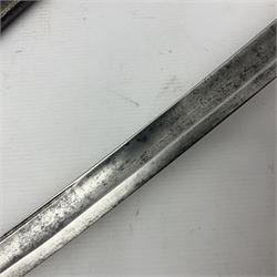 19th century French 1822 Pattern Light Cavalry trooper's sword with 88.5cm slightly curving fullered blade, brass three-bar hilt and wire-bound leather grip; in polished steel scabbard with two suspension rings L110.5cm overall