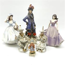 Pair of Sitzendorf figures modelled as Oriental male and female fruit sellers H15.5cm, two coalport figurines Lavender Walk and Christina H22cm, continental figure of Russ Kosaken Leutn H27cm and a girl with a basket H10cm. 