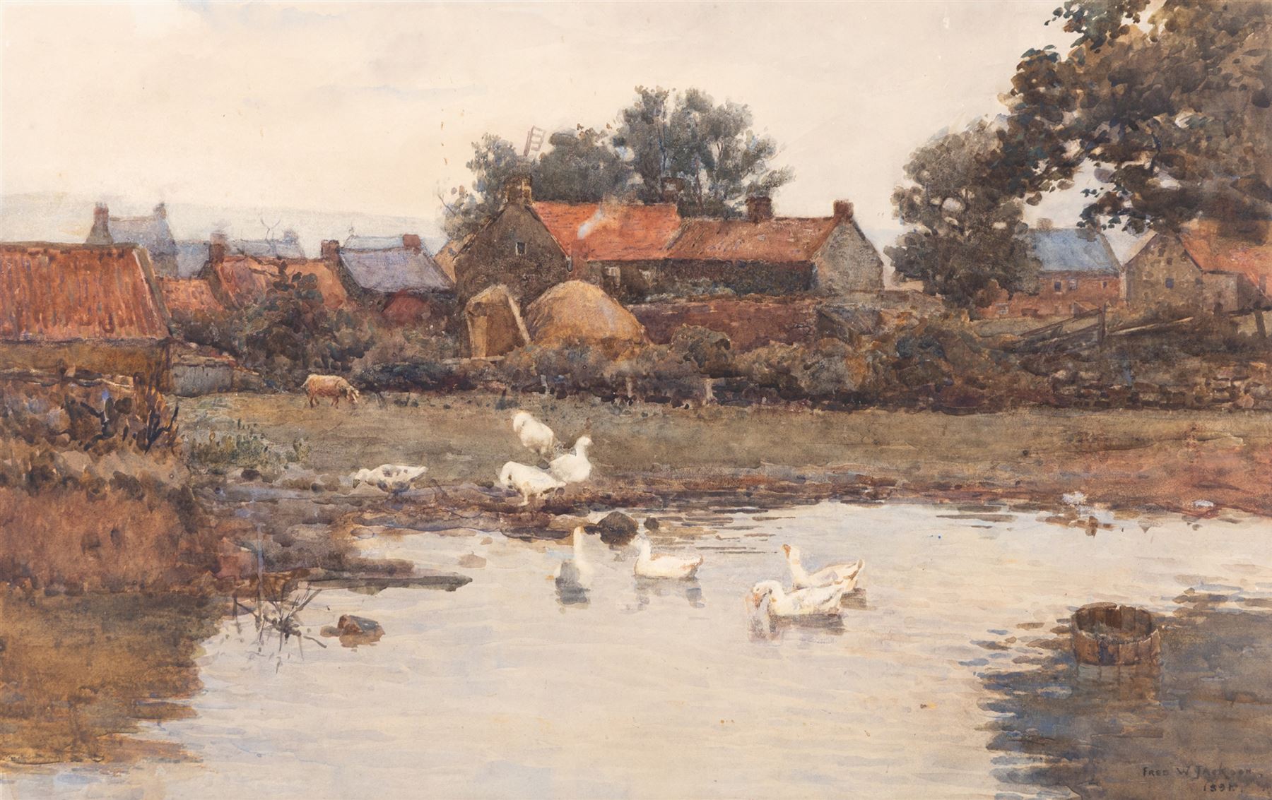 Frederick William Jackson (Staithes Group 1859-1918): The Duck Pond Hinderwell, watercolour signed and dated 1895, 33cm x 52cm 