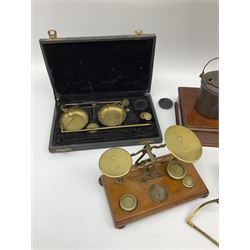 Various sets of scales and similar items including Salter's pocket balance to weigh 25lb, Day & Millard brass and black painted balance scales and various other similar items