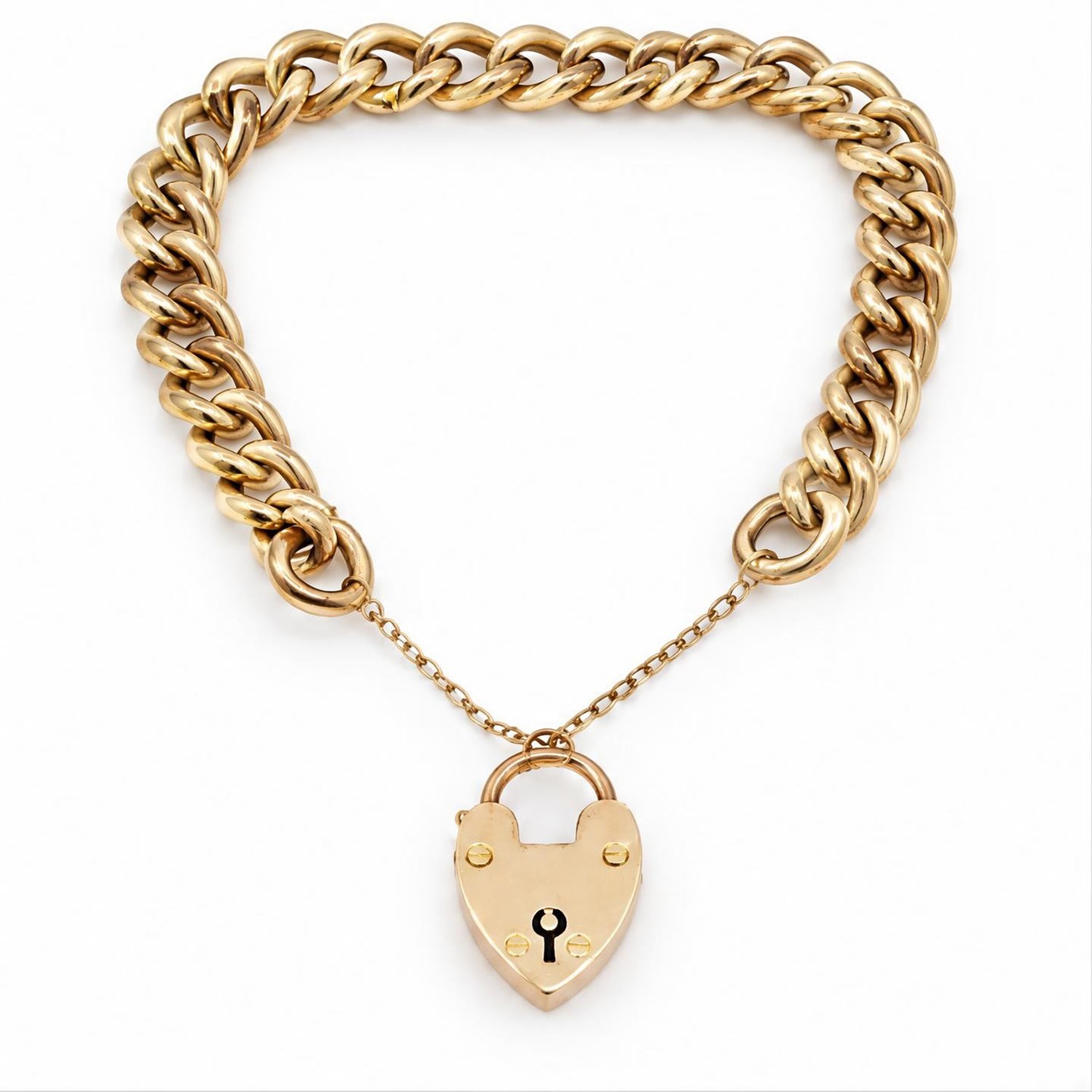 Early 20th century gold curb link chain bracelet with heart padlock clasp, by  W.H. Wilmot Ltd, stamped 9ct