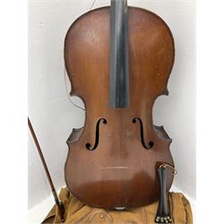 German Saxony three-quarter size cello for restoration, c1920, with 69cm two-piece maple back and ribs and two-piece spruce top, L111cm overall; with bow and canvas carrying case