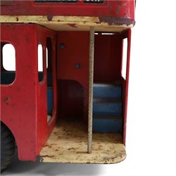 Tri-ang pressed steel pull-along London Transport Routemaster Double-Decker Bus, LIB4242, Route no.93 with destinations Wimbledon, Morden and Putney BDG Station, with red London Transport livery, blue interior, with pull cord and bell, H32cm, L57cm
