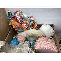 Collection of dolls, Christmas decorations and other collectables, in two boxes 