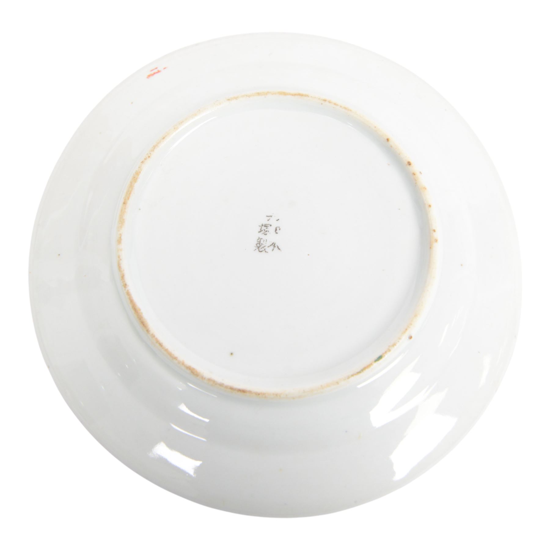 Near pair of Japanese plates, decorated in green, blue and iron-red enamels, with peacocks perched on a rock among foliage, together with Chinese cinnabar ginger jar, plates D21cm 