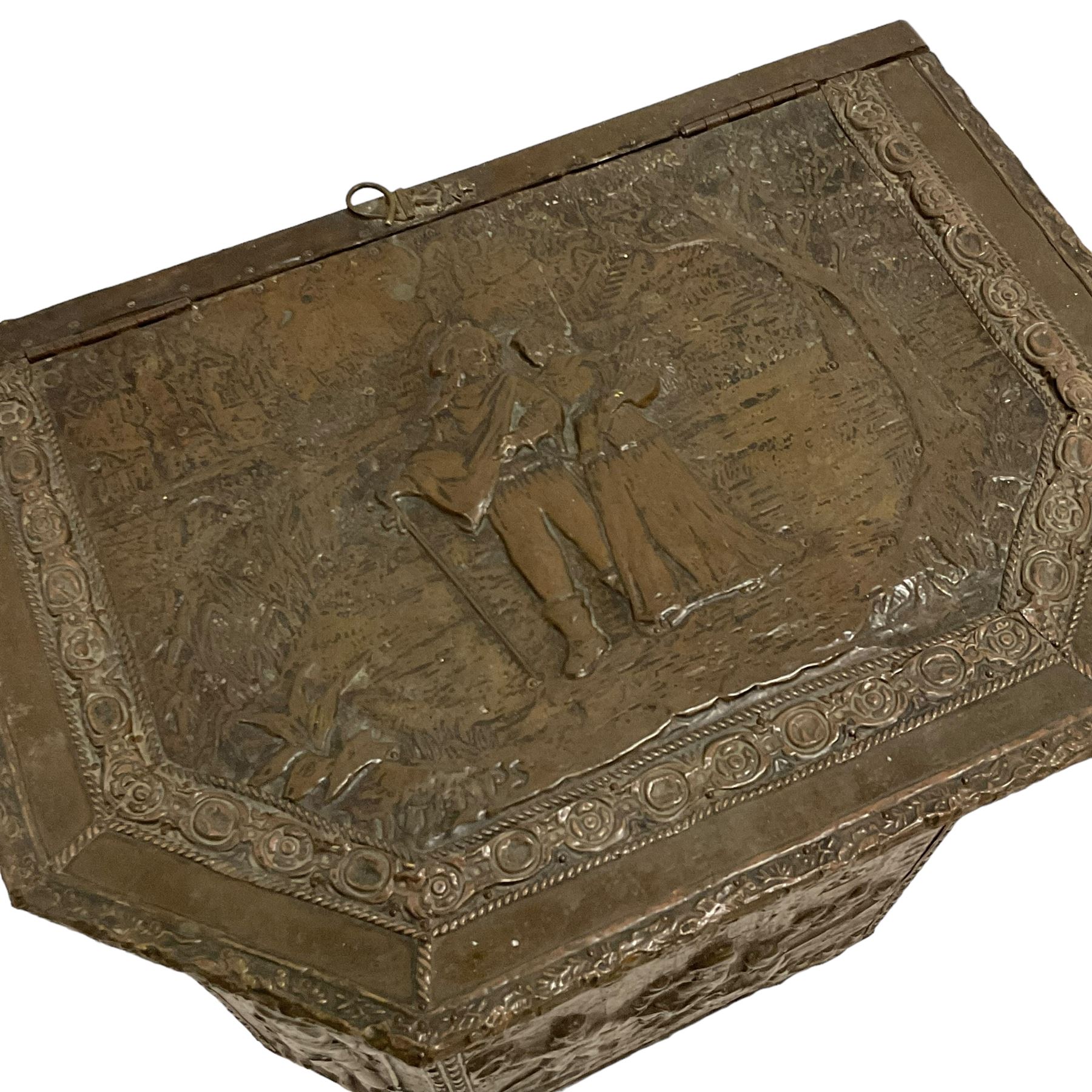 Large 19th century wooden and brass repousse coal box, rectangular form with canted front, enclosed by hinged lid decorated with figural countryside scene, the front panel depicting tavern scene at the 'Scours Contre la Soif' and initialled 'Ete', the remaining panels decorated with mythical scenes, with metal lining and hinged carrying handles, on castors
