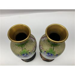 Pair of Chinese cloisonne vases on hardwood stands; silver plated egg cruet; and plated four piece tea set