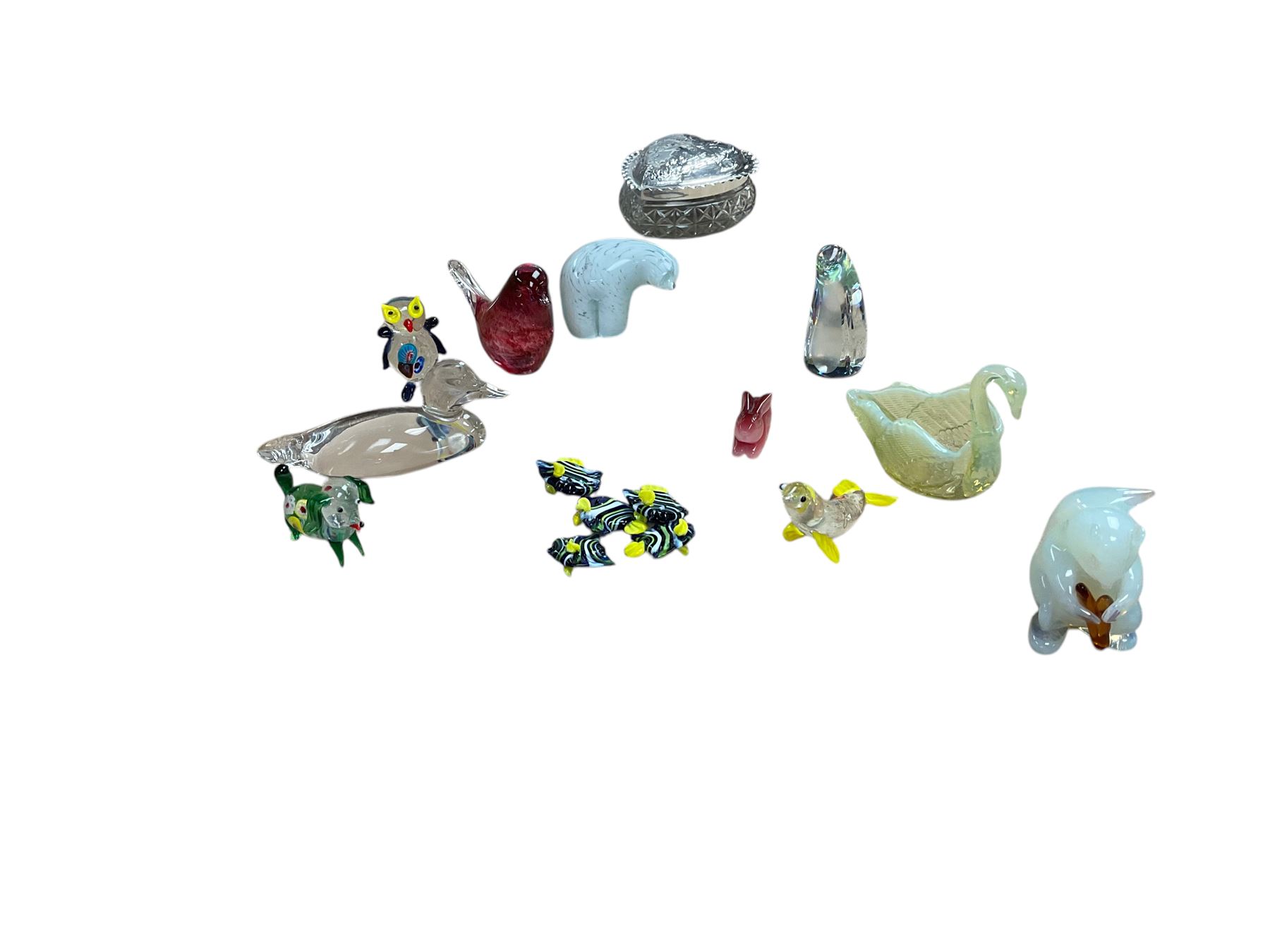 Collection of glass animals, including opalescent squirrel, uranium swan, fish birds etc 