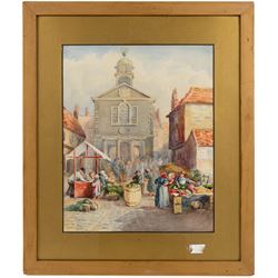 Thomas Swift Hutton (British 1860-1935): 'Tin Ghaut - Whitby', George Percy Bankart (British 1866-1929): ‘River Esk at Whitby’, Edith F Hillier (British 19th/20th Century): ‘The Market Place – Whitby'; together with other Whitby related watercolours variously signed and titled max 36.5cm x 26.5cm (6)