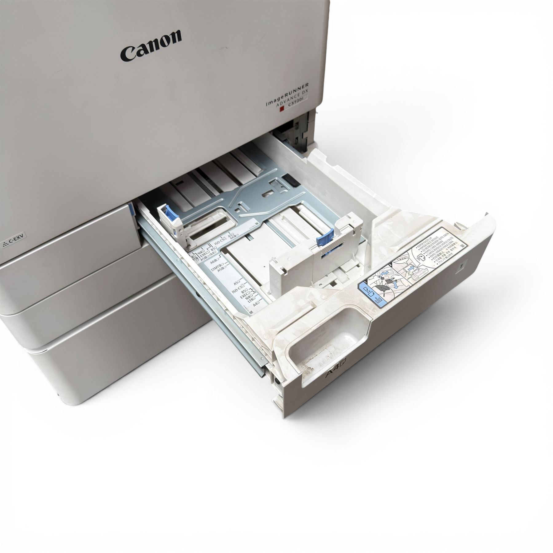 Canon Image Runner Advance DX C3720i multifunction laser printer, floor standing with two trays, A3 and A4, copier and scanner with auto feed and manual, base storage cupboard, with spare toner