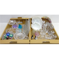  Quantity of glassware including candlesticks, sundae dishes, scent bottles, coloured glass dish etc, in two boxes  
