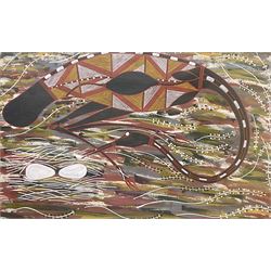 Benjamin Naborlhorlh (Aboriginal 20th century): Australian Cranes, gouache unsigned, labelled verso 98cm x 64cm
Provenance: purchased in 1998 at Kakadu World Heritage site in Northern Territory
