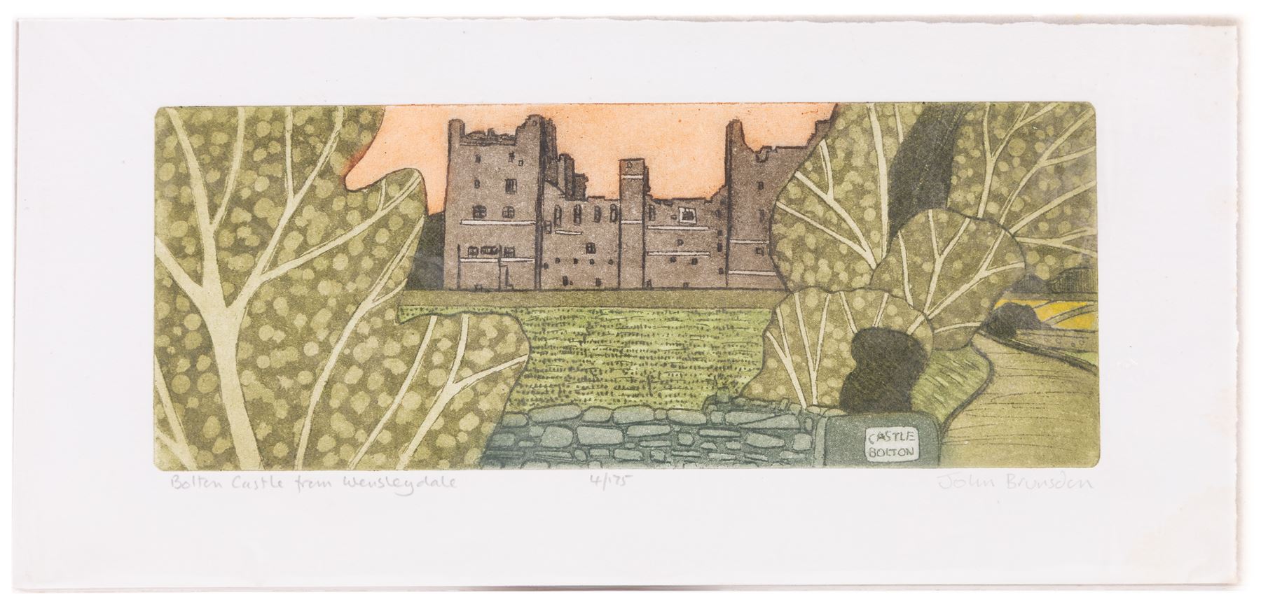 John Brunsdon ARCA (British 1933-2014): Views of Bolton Castle - Wensleydale, set three limited edition coloured etchings with aquatint signed titled and numbered in pencil 29cm x 11cm (3) (2 unframed)