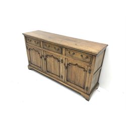 Georgian style distressed light oak sideboard, fitted with three drawers and cupboards, L168cm, D46cm, H91cm