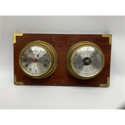 Wall hanging Spectrum quartz clock and Weathermaster barometer, together with six turned spokes ship wheel with brass central boss, D48cm