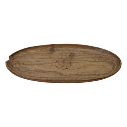 Gnomeman - tooled oak dish, carved with rose motif to the center, carved beneath with gnome signature, by Thomas Whittaker, Littlebeck, L36cm