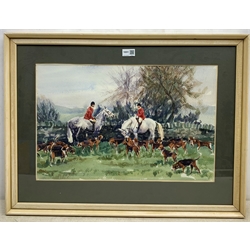 Wendy Knapton (British 20th century): The Hunt pausing by a Stone Wall, watercolour signed and dated '74, 35cm x 54cm