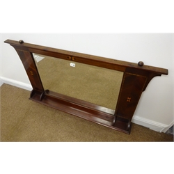 Early 20th century inlaid mahogany bevel edge mirror, projecting cornice, moulded shelf, W123cm, H77cm  