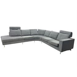 BoConcept 'Indivi 2' corner lounge sofa in grey Matera fabric, three sections with two moveable headrests and brushed steel supports designed by Anders Nørgaard 