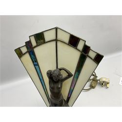 Art Deco style table lamp, modelled in the form of a bronzed female figure before a leaded glass fan shaped shade, H38cm