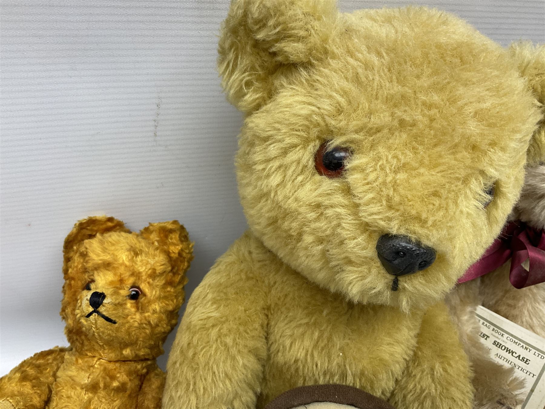 Dean's Rag Book limited edition teddy bear 'Bell Bear' No.221/1500 H32cm; Chad Valley Chiltern Hygenic teddy bear seated holding a honey pot; 1960s plush covered 'Sooty' teddy bear; and another smaller plush covered teddy bear (4)