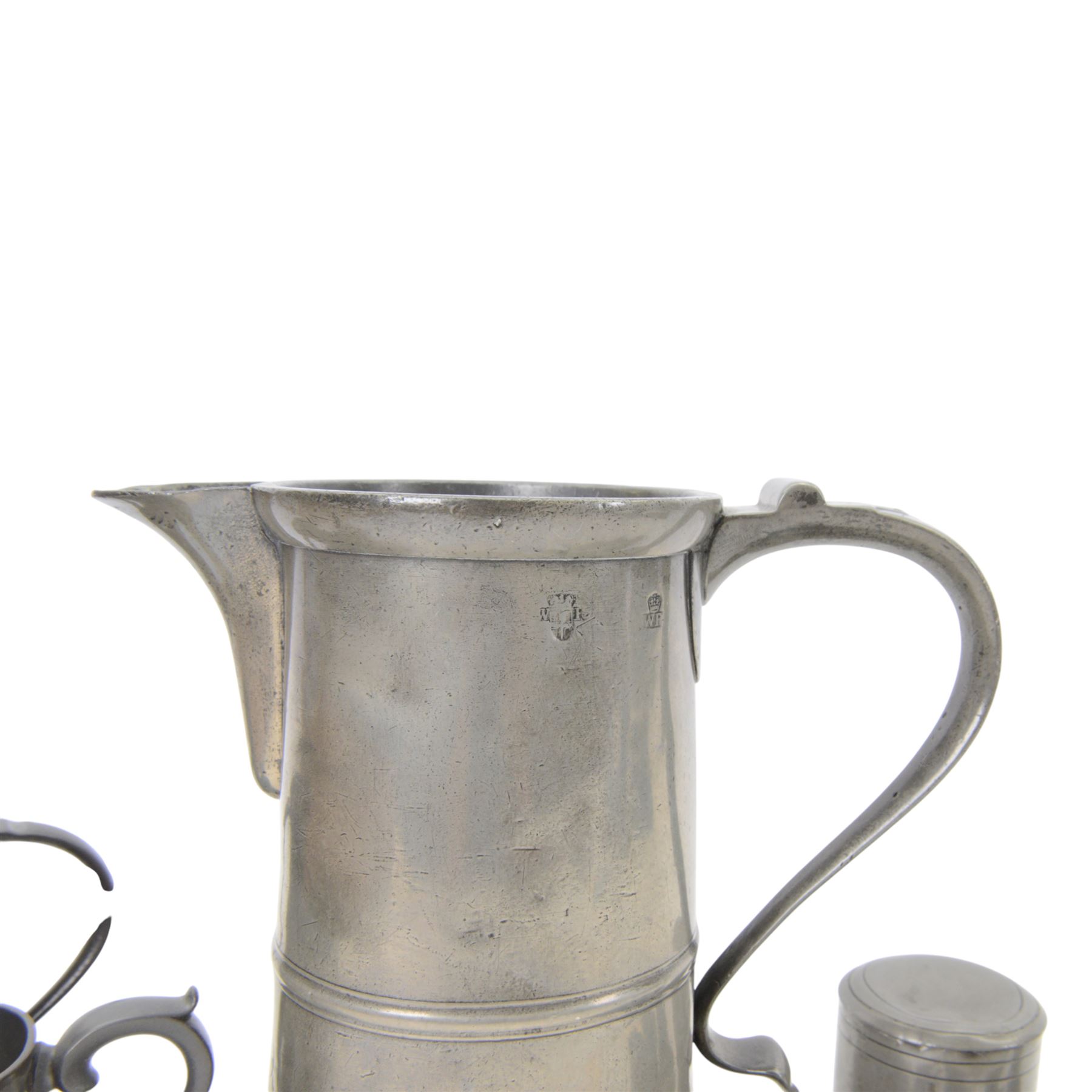 19th century Pewter tavern jug, with WR beneath a crown touch mark, together with pewter tankards and measures  