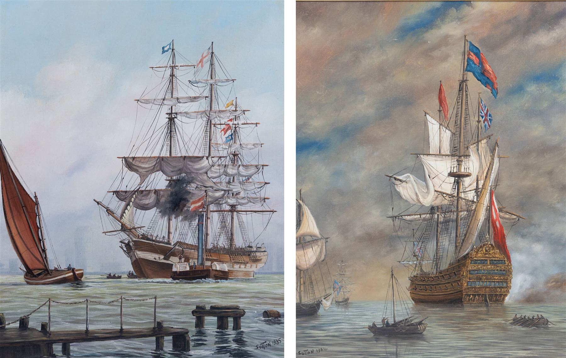 Keith Sutton (British 1924-1991): 'Malabar - Blackwall Frigate' and 'Royal Sovereign', two oils on canvas board signed and dated 1984 and 1985, in matching frames, 50cm x 40cm