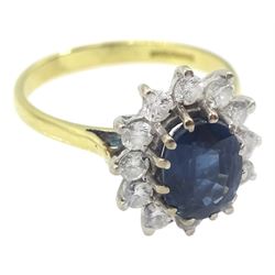 18ct gold oval sapphire and diamond cluster ring, hallmarked, sapphire approx 1.00 carat