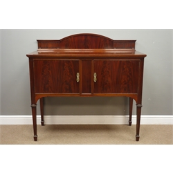  Maple & Co - Edwardian walnut sideboard, raised fluted and figured back, two cupboard, moulded square tapering supports with spade feet, labelled, W122cm, H117cm, D53cm  