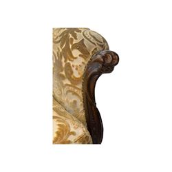 Victorian design stained wood three seater settee, top rail carved and scrolled, padded back and arms, scrolled cabriole feet 