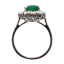 18ct white gold oval emerald and diamond cluster ring, hallmarked, emerald approx 2.40 carat, total diamond weight approx 0.60 carat