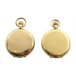 Gold-plated full hunter keyless Swiss lever Traveller pocket watch by Waltham U.S.A, No. 23400017 and one other gold-plated full hunter lever pocket watch by Waltham, No. 24666217, both with white enamel dials and subsidiary seconds dials (2)