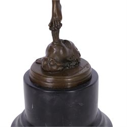 After Giambologna (Flemish 1529-1608): Bronze figure of Mercury holding a caduceus, on black marble base H43cm 