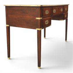 Military campaign style mahogany writing desk, inset gilt-tooled green leather writing surface, fitted with five drawers with recessed brass handles, brass corner mounts and protective bindings, on square tapering legs