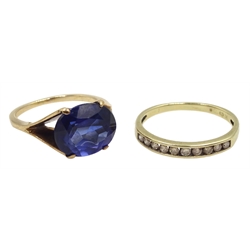 Gold diamond half eternity ring and a gold oval synthetic sapphire ring, both 9ct tested or hallmarked