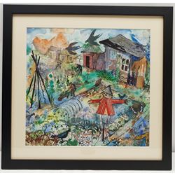 Penny Wicks (British 1949-): 'Allotment Fever', mixed media with collage signed, titled verso 32cm x 33cm