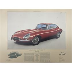 Three limited edition Jaguar prints with certificates, 'Jaguar E-Type' numbered 037, 'Jaguar D-Type' numbered 425, and 'Jaguar XJ13' numbered 425, signed Stirling Moss, Norman Dewis and John Francis and numbered in pencil unframed 47cm x 61cm
