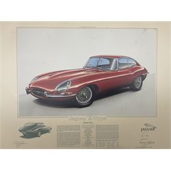 Three limited edition Jaguar prints with certificates, 'Jaguar E-Type' numbered 037, 'Jaguar D-Type' numbered 425, and 'Jaguar XJ13' numbered 425, signed Stirling Moss, Norman Dewis and John Francis and numbered in pencil unframed 47cm x 61cm
