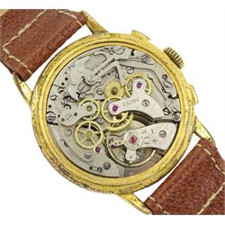 Cauny Prima gentleman's manel wind chronograph wristwatch, 17 jewel movement, Cal. 248, silvered dial with subsidiary seconds dial for 45 minute recording and constant seconds dials and outer tachymeter scale, on brown leather strap