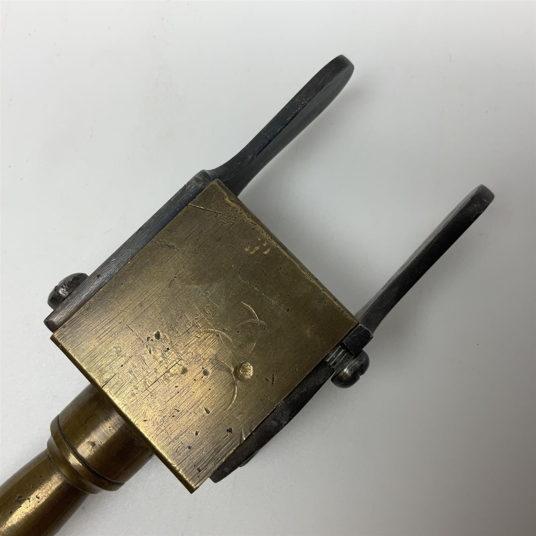 Late 19th/early 20th century brass 360 Express bullet mould for rifles, probably 360 x 2.25, with ebonised turned wooden handle L28cm