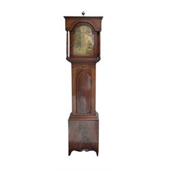 19th century - 8-day mahogany cased longcase clock with a flat top ring turned pilasters and brake arch hood door beneath, inlaid trunk with a gothic arched door on a conforming plinth with decorative shaped feet, brass dial with a strike/silent ring to the break arch inscribed 